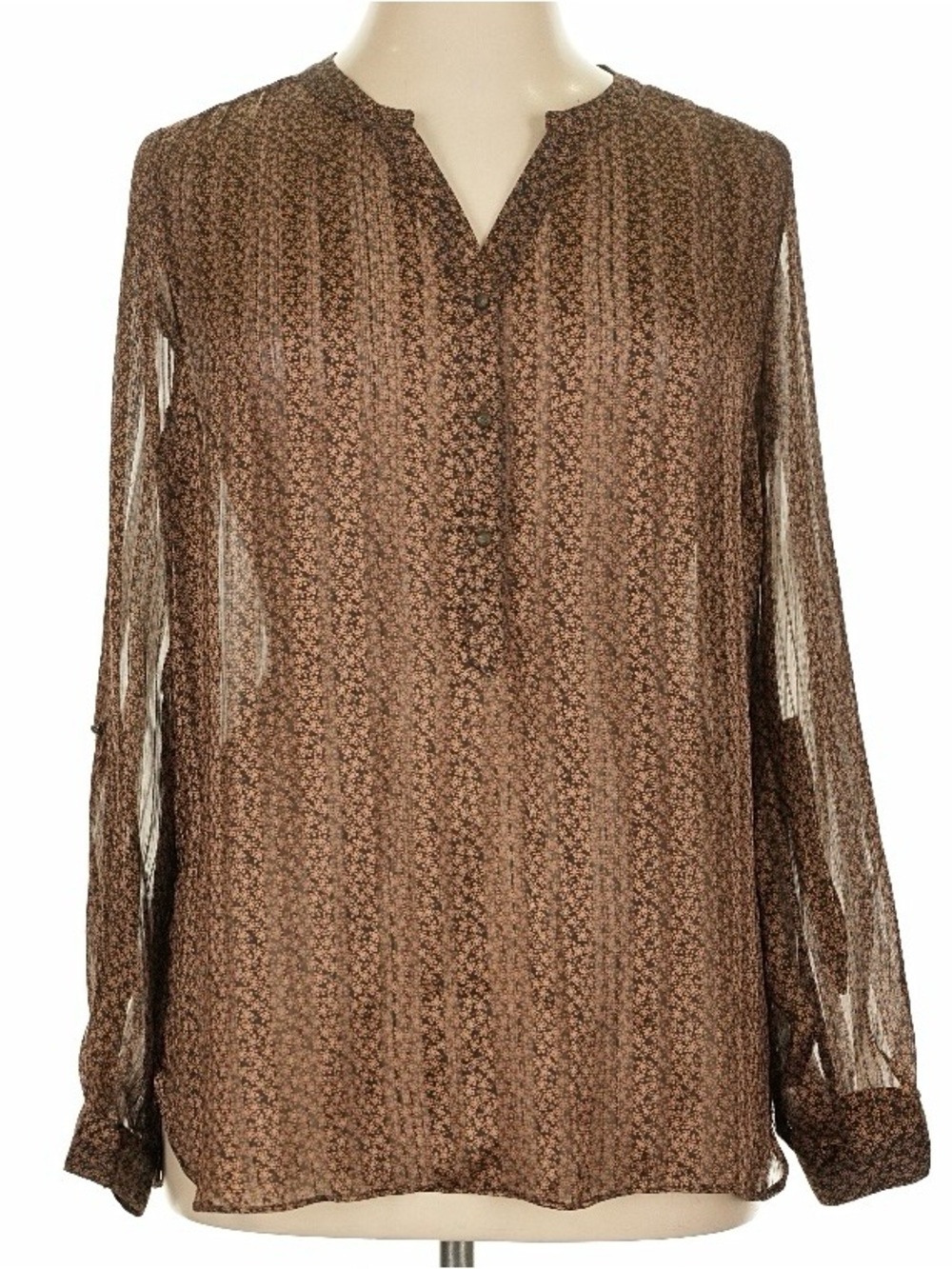 Roz & Ali Brown Sheer Floral-Print Long-Sleeve Blouse